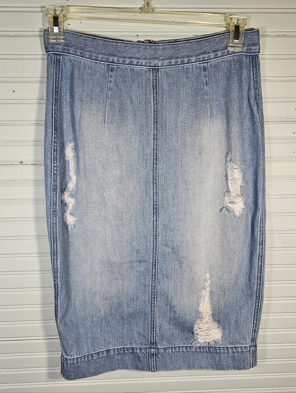 Bebe Distessed Straight Midi Distressed Denim Skirt Size 30 (8-10)